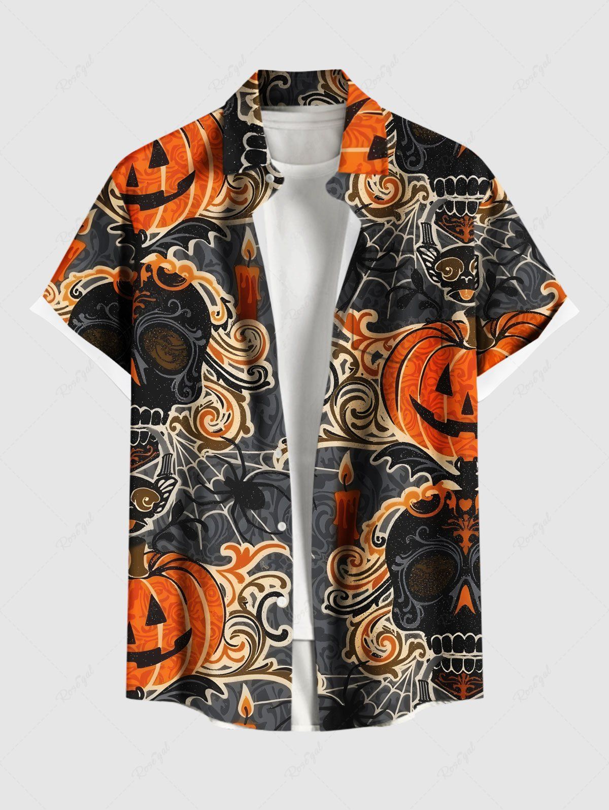 Chemise grande taille pour homme, motif citrouille, crâne, bougies, toile d'araignée, boutons et poches Noir M