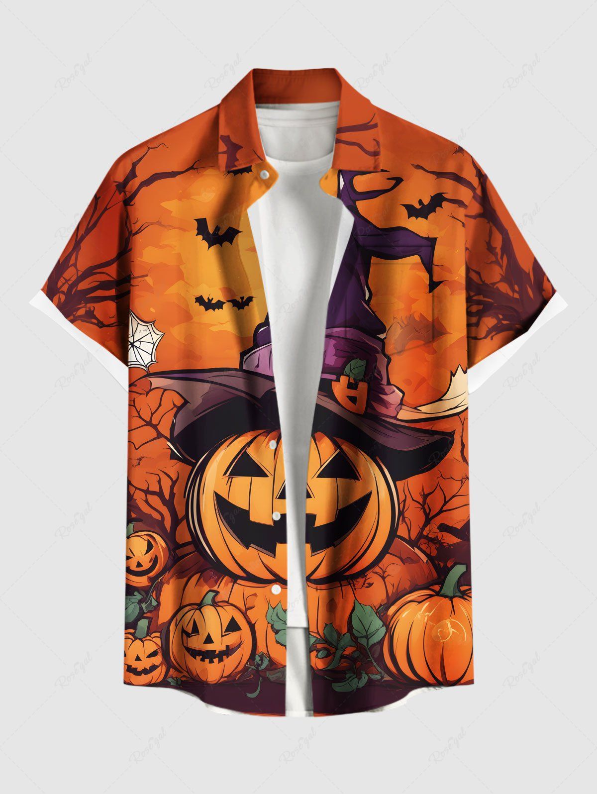 Chemise grande taille à boutons et poches pour homme, motif citrouille, chauve-souris, toile d'araignée, Halloween Orange 2XL