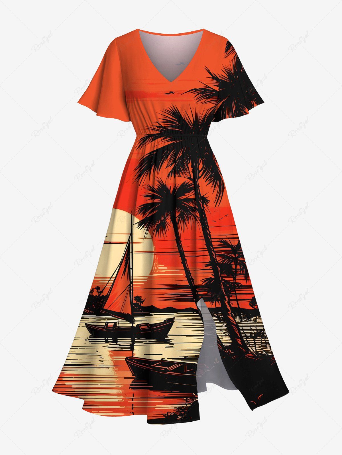 Robe mi-longue hawaïenne fendue grande taille à imprimé cocotier, soleil, oiseau, bateau, paysage marin Orange XXS