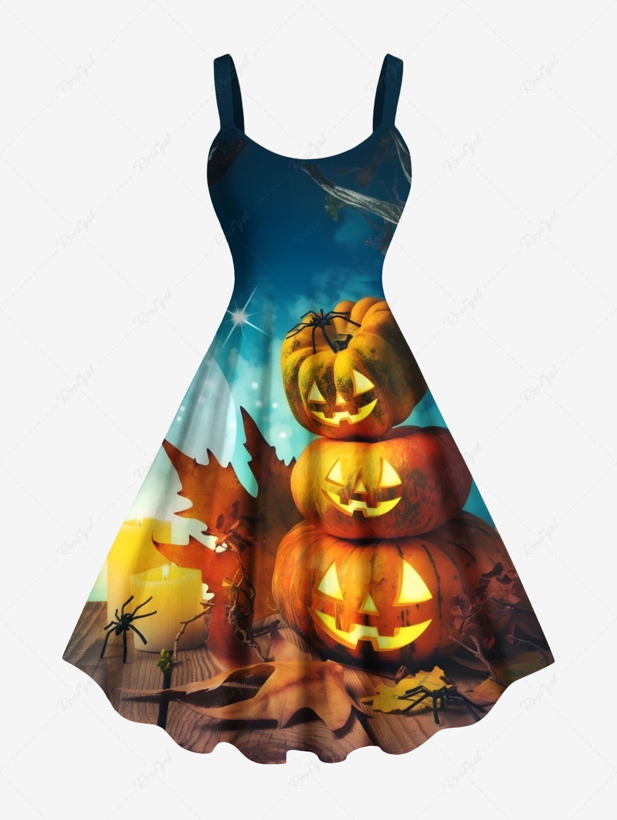 Latest Plus Size Halloween Pumpkin Tree Spiders Maple Leaf Moon Star Print Tank Dress  