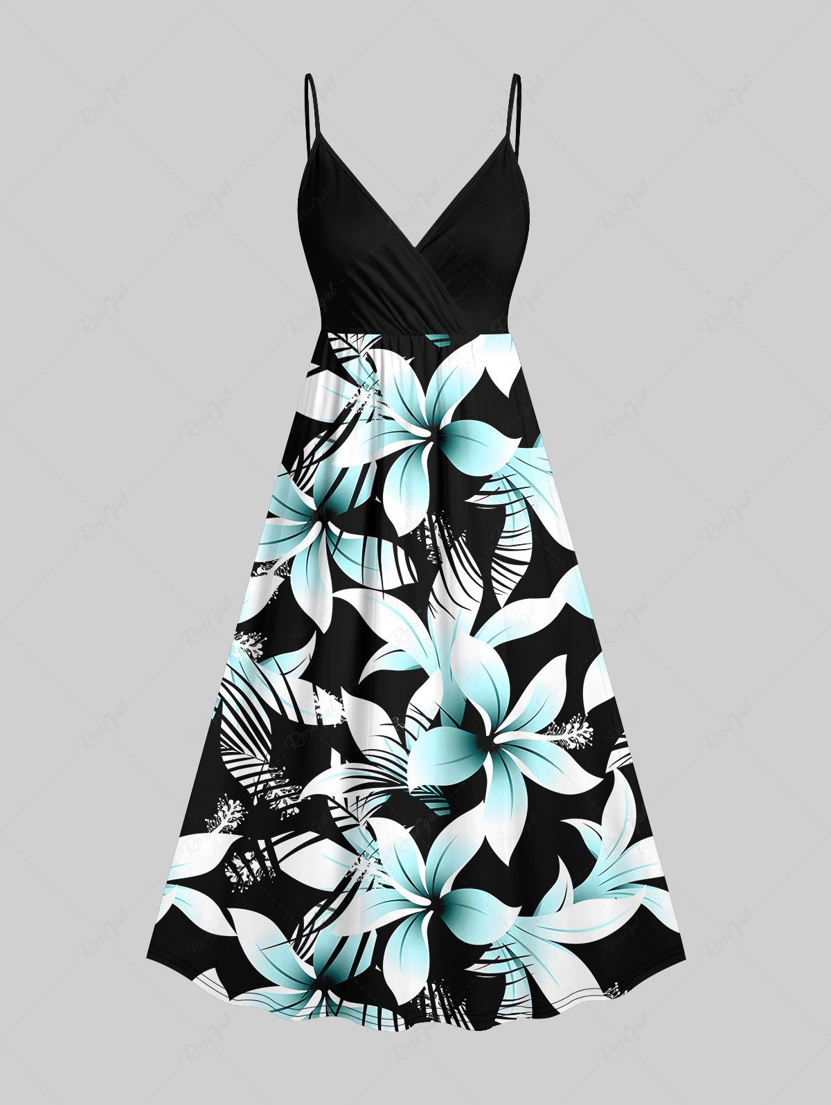 Robe camisole hawaïenne à imprimé feuilles tropicales et fleurs grande taille Noir XXS