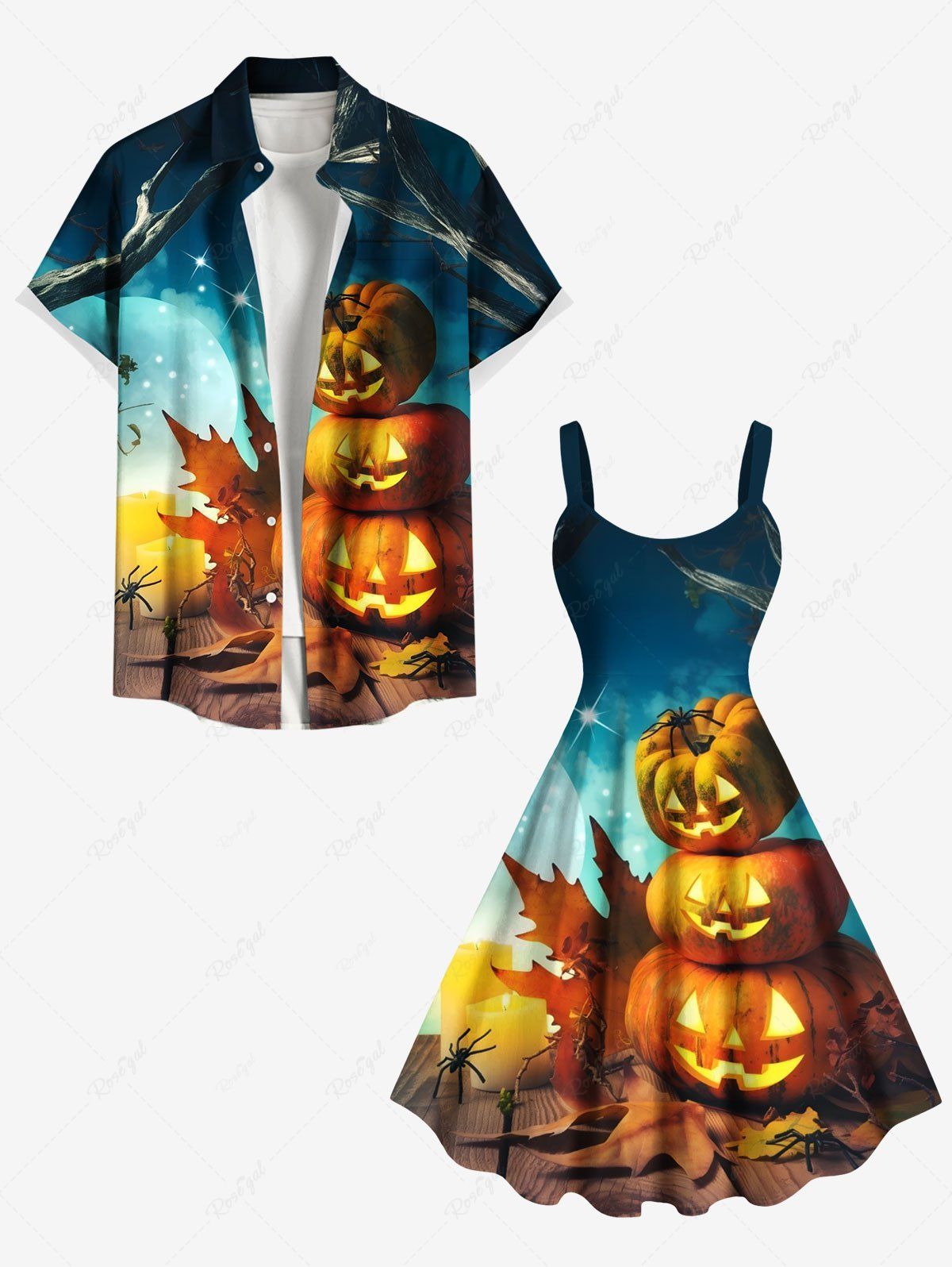 Tenue assortie grande taille pour couple, motif citrouille, araignée, feuille d'érable, lune et étoiles, pour Halloween Multi-A 