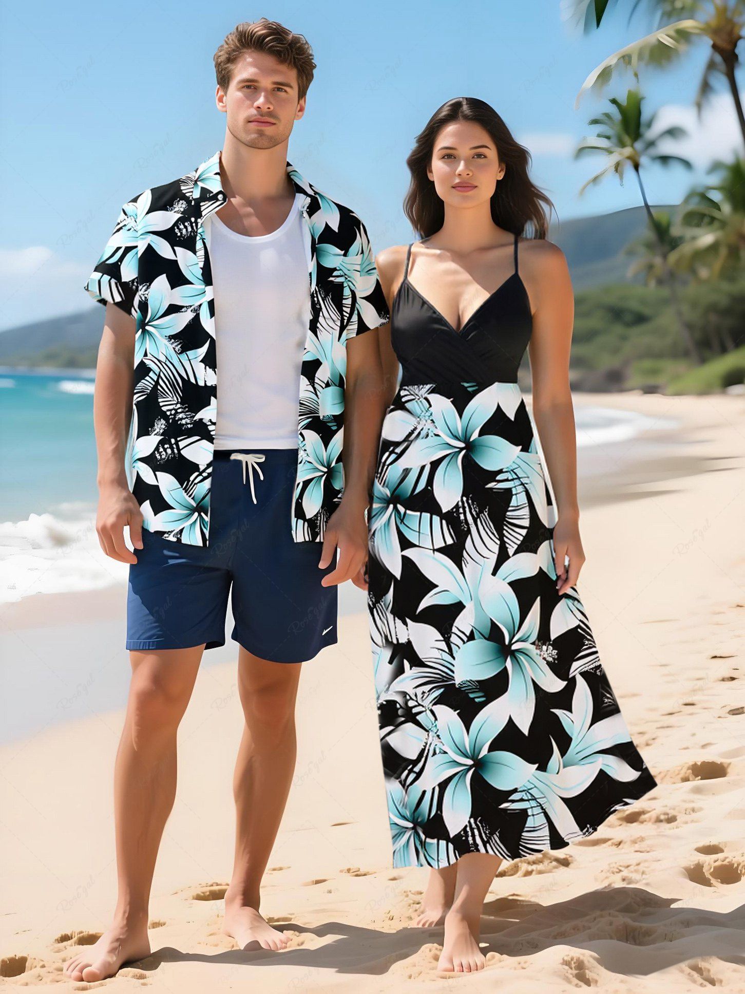 Outfit Tropical Leaf Flowers Print Plus Size Matching Hawaii Beach Outfit For Couples  