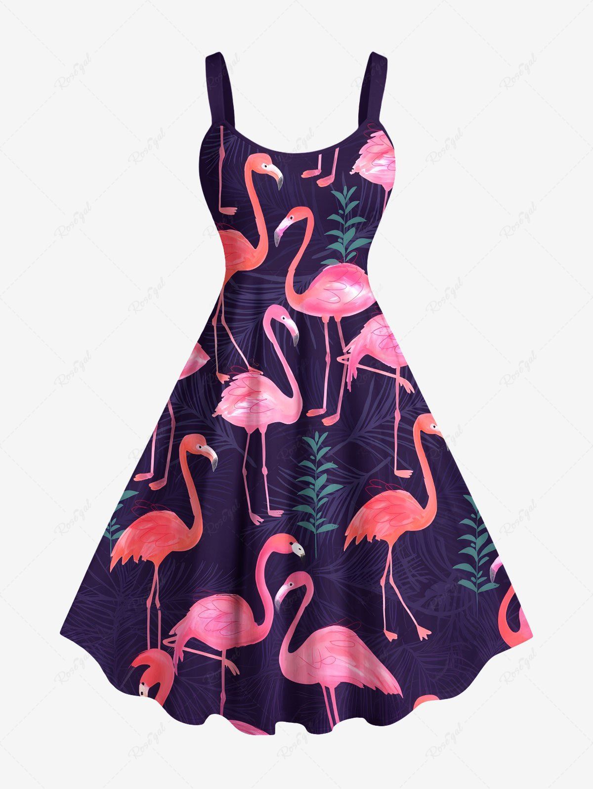 Shops Plus Size Tropical Leaf Flamingo Print Hawaii A Line Tank Dress  