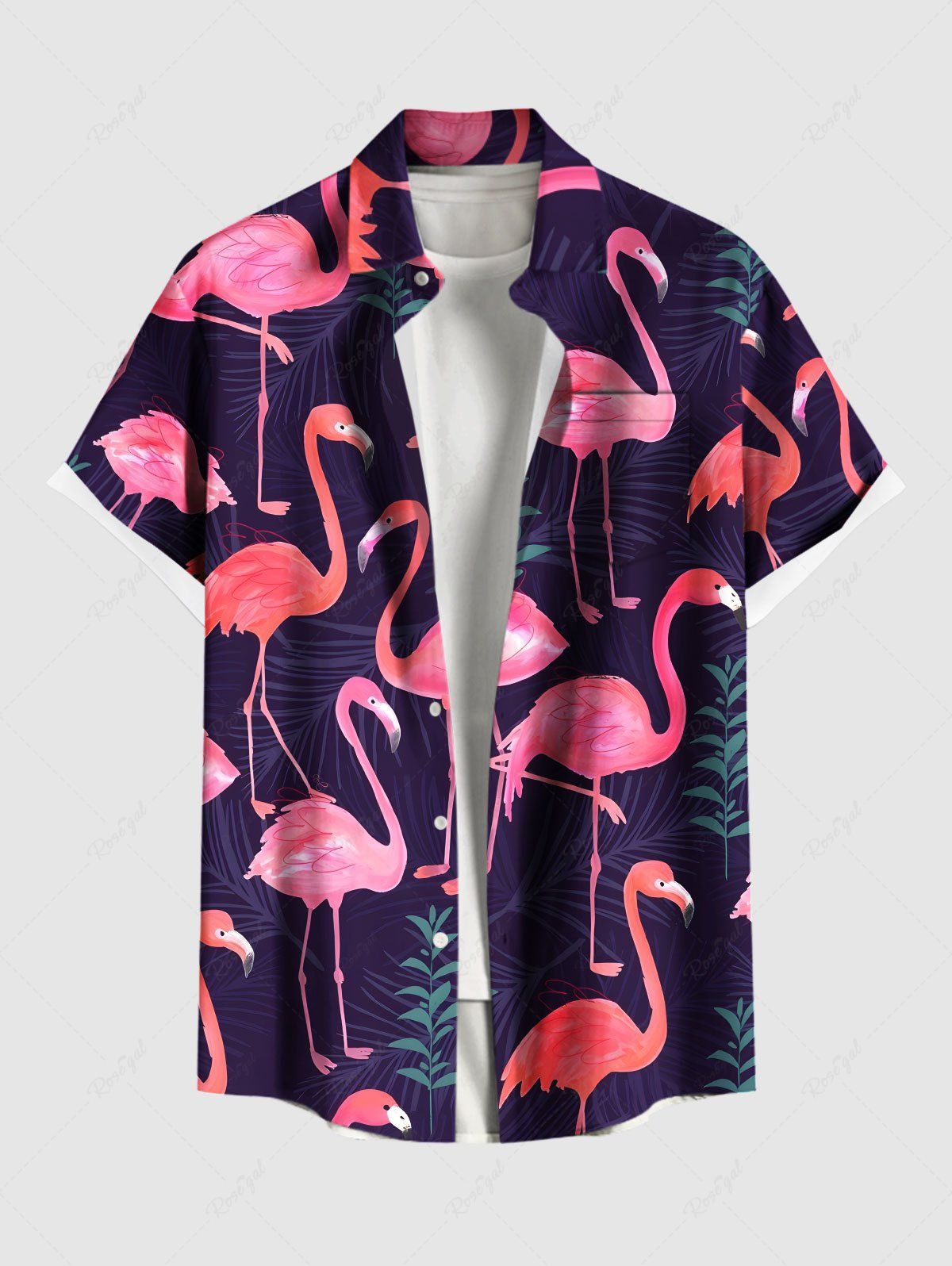 Shops Plus Size Tropical Leaf Flamingo Print Hawaii Button Pocket Shirt For Men  