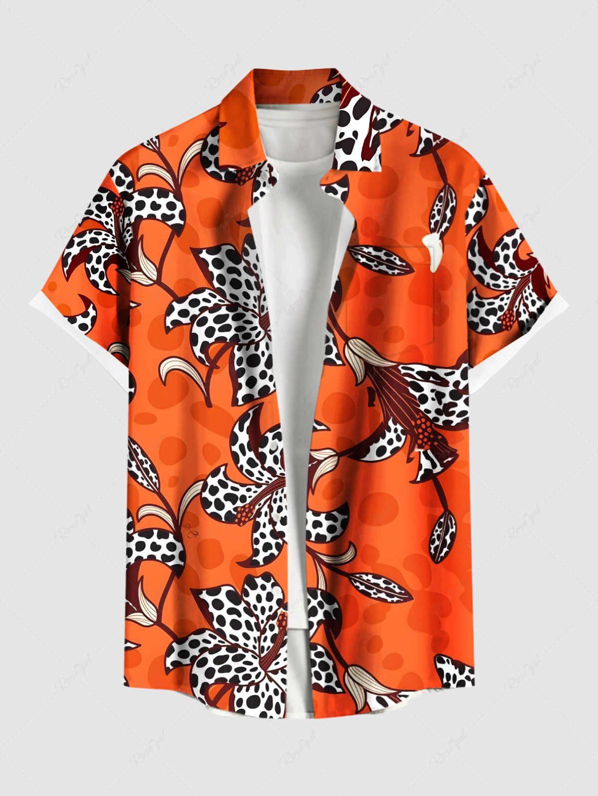 New Plus Size Leopard Hibiscus Flower Leaf Print Hawaii Button Pocket Shirt For Men  