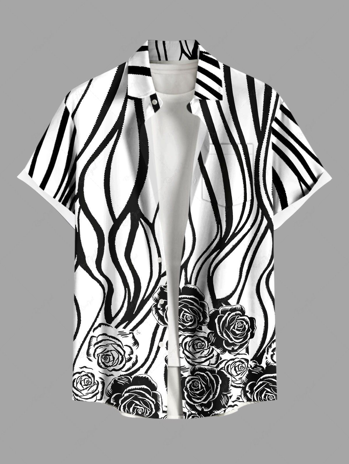 Outfit Plus Size Rose Flower Zebra Striped Print Hawaii Button Pocket Shirt For Men  