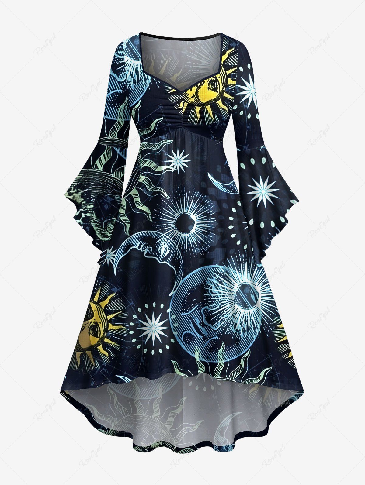 Buy Plus Size Sun Moon Star Print Hawaii Ruched High Low Asymmetric Dress  