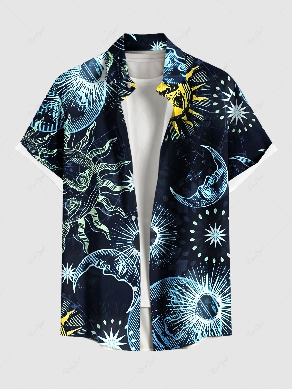 Best Plus Size Sun Moon Star Print Hawaii Button Pocket Shirt For Men  