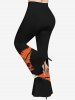 Halloween Pumpkin Wizard Spider Web Tree Print Lattice T-shirt and Flare Pants Plus Size Matching Set -  