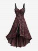 Robe débardeur grande taille à imprimé roses, froncée, œillets et volants, asymétrique - Rouge Vineux 5x | US 30-32