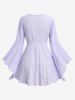Plus Size Lace Up Ruched Hollow Out Floral Embroidery Flare Sleeves Top -  