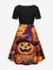 Plus Size Halloween Pumpkin Bat Spider Web Print Cinched Dress -  