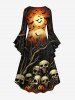 Plus Size Halloween Skulls Pumpkin Bat Moon Tree Print Flare Sleeves High Low Dress -  