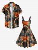Plus Size Halloween Pumpkin Skull Candles Spider Web Print Tank Dress -  