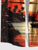 Plus Size Coconut Tree Sun Bird Boat Seascape Print Buttons Pocket Hawaii Shirt For Men -  
