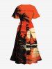 Robe mi-longue hawaïenne fendue grande taille à imprimé cocotier, soleil, oiseau, bateau, paysage marin - Orange XXS