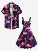 Robe débardeur trapèze hawaïenne grande taille à imprimé flamant rose et feuilles tropicales - Bleu Marine 5X