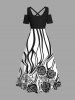 Plus Size Rose Flower Zebra Striped Print Hawaii Cold Shoulder Crisscross A Line Maxi Dress -  