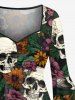 Robe asymétrique grande taille à imprimé tête de mort et fleurs hawaïennes, froncée, taille haute et basse - Vert profond 4X