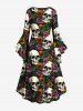 Robe asymétrique grande taille à imprimé tête de mort et fleurs hawaïennes, froncée, taille haute et basse - Vert profond 4X