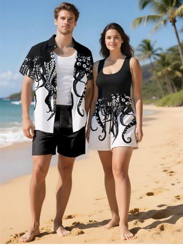 Matching Hawaii Shirt and Romper Plus Size Beach Outfit Octopus Two Tone Print For Couples - BLACK