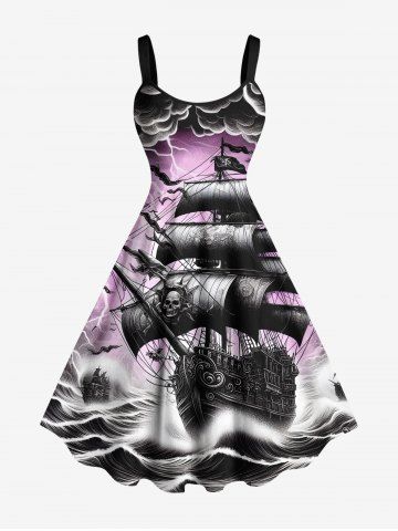 Plus Size Sea Waves Ship Cloud Lightning Print Tank Dress - PURPLE - L