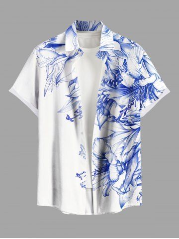Plus Size Hibiscus Flowers Leaf Print Buttons Pocket Hawaii Shirt For Men - WHITE - S