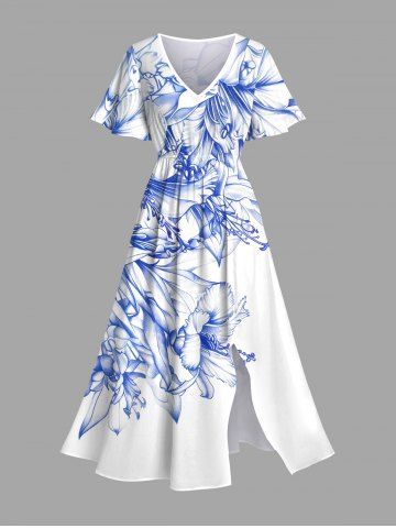 Plus Size Hibiscus Flowers Leaf Print Split Hawaii Midi Dress - WHITE - XS
