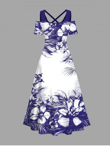 Plus Size Flowers Leaf Butterfly Print Cold Shoulder Crisscross Hawaii Maxi Dress