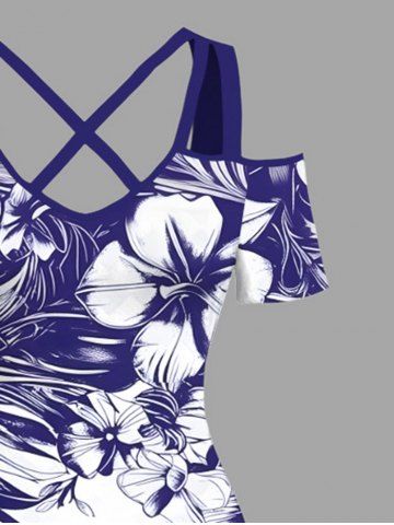 Plus Size Flowers Leaf Butterfly Print Cold Shoulder Crisscross Hawaii Maxi Dress