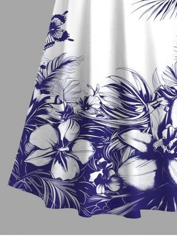 Plus Size Flowers Leaf Butterfly Print Cold Shoulder Crisscross Hawaii Maxi Dress
