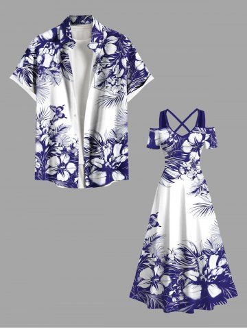 Plus Size Flowers Leaf Butterfly Print Cold Shoulder Crisscross Hawaii Maxi Dress