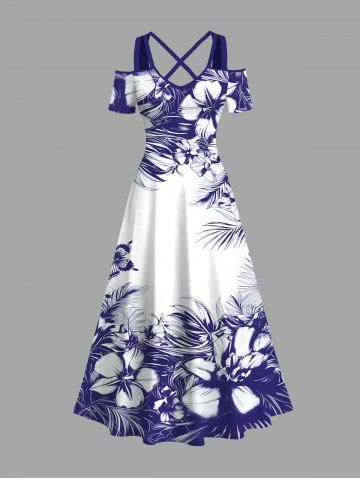 Plus Size Flowers Leaf Butterfly Print Cold Shoulder Crisscross Hawaii Maxi Dress - WHITE - 5X
