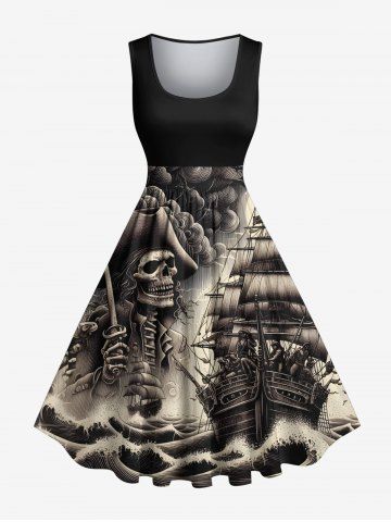 Plus Size Skull Pirate Sea Waves Ship Print 1950s Vintage Dress - BLACK - 2X