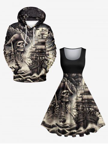 Skull Pirate Sea Waves Ship Print Plus Size Matching Outfit For Couples - BLACK