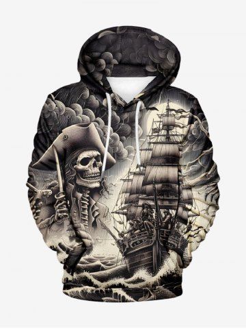 Plus Size Skull Pirate Sea Waves Ship Print Pocket Drawstring Hoodie - BLACK - 8XL