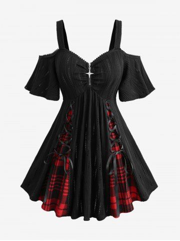 Plaid Print Lace Up Hollow Out Jacquard Top and Skull Fishnet Overlay Ruffles Skirted Flare Pants Plus Size Outfit