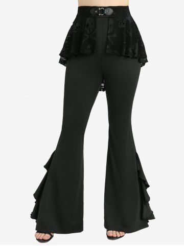 Plaid Print Lace Up Hollow Out Jacquard Top and Skull Fishnet Overlay Ruffles Skirted Flare Pants Plus Size Outfit