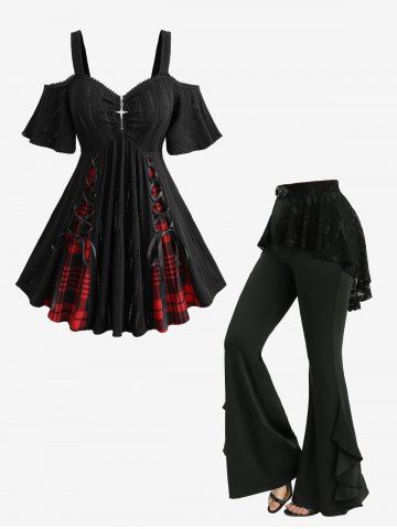 Plaid Print Lace Up Hollow Out Jacquard Top and Skull Fishnet Overlay Ruffles Skirted Flare Pants Plus Size Outfit