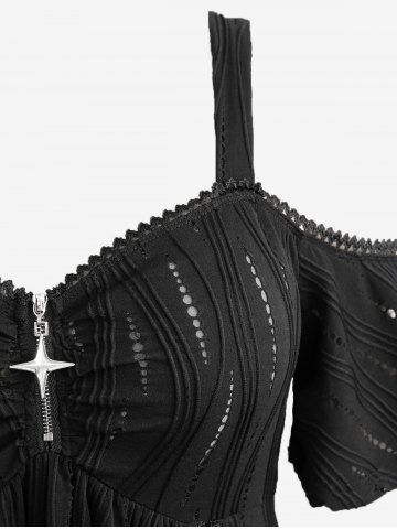 Plaid Print Lace Up Hollow Out Jacquard Top and Skull Fishnet Overlay Ruffles Skirted Flare Pants Plus Size Outfit