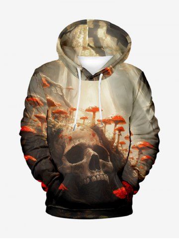 Plus Size Skull Mushroom Sunshine Forest Print Halloween Drawstring Pocket Pullover Hoodie For Men - BLACK - 8XL