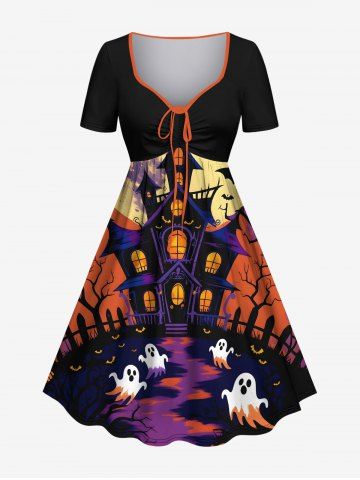 Plus Size Ghost Castle Tree Bat Moon Print Halloween Cinched A Line Dress - BLACK - 6X