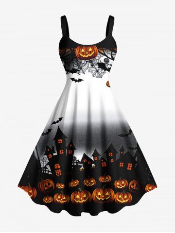 Plus Size Pumpkin Castle Bat Spider Web Ombre Print Halloween A Line Tank Dress - WHITE - XS