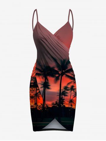 Plus Size Coconut Tree Ombre Dusk Sunset Print Hawaii Convertible Beach Cover Up - RED - XS