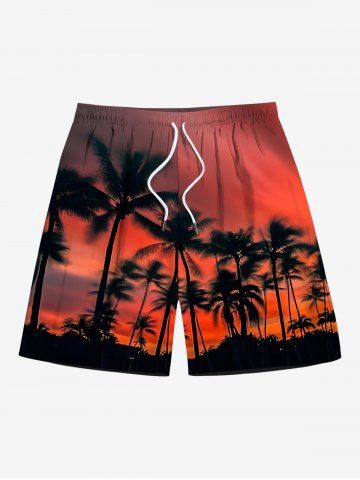 Plus Size Coconut Tree Ombre Dusk Sunset Print Hawaii Drawstring Beach Shorts For Men - RED - L