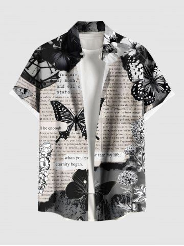 Plus Size Butterfly Plant Newspaper Print Button Pocket Shirt For Men - BLACK - S