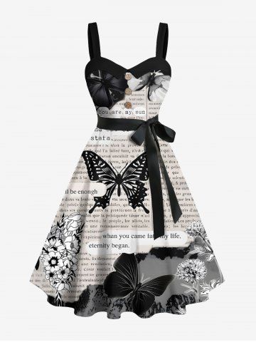 Plus Size Butterfly Plant Newspaper Print Button A Line Dress with Removable Belt - BLACK - XS