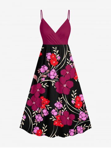 Plus Size Flower Leaf Curve Branch Print Hawaii Surplice A Line Cami Dress - RED - 6X