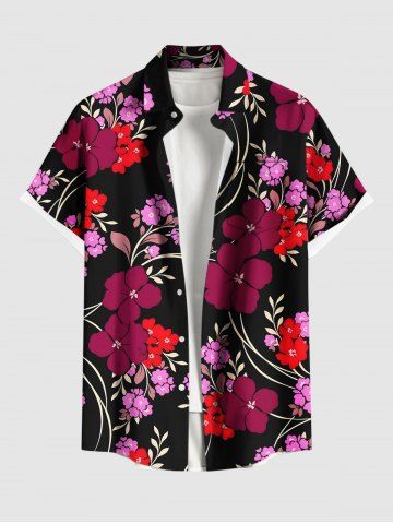 Plus Size Flower Leaf Curve Branch Print Hawaii Button Pocket Shirt For Men - RED - XL